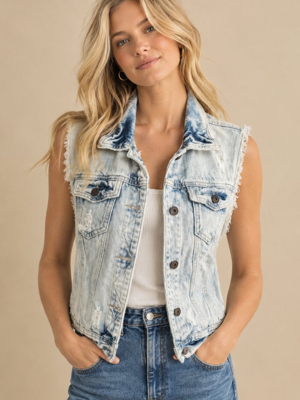 Vintage 90s Y2K Distressed Light Acid-Washed Denim Trucker Vest 100% COTTON